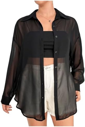 OYOANGLE Women's Plus Size Mesh Sheer Long Sleeve Button Down Shi...