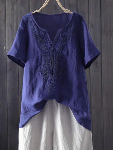 Minibee Women's Linen Shirts Summer Boho Tops Cotton Blouse V Neck Short Sleeve Embroidered Tunic2