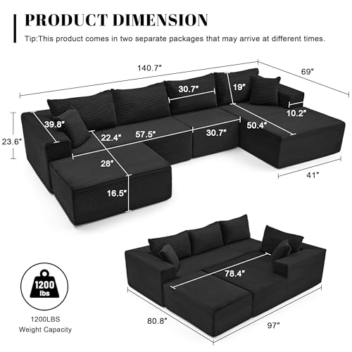 Image of Mangodan 140 inch Cloud Sectional Couch, Boneless Sofa for Living Room, Modular Sectional Sofa with Deep Seat, Comfy Fluffy U-Shaped Couch with Right-Facing Chaise, No Assembly Required, Black