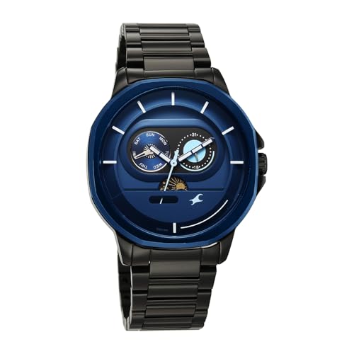 Image of Fastrack Street Opulence Sun Moon Multifunction Quartz Analog with Blue Dial Black Stainless Steel Metal Strap Watch for Men - 3303KM07