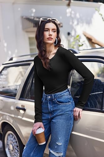 Ekouaer Womens Thermal Long Sleeve Shirts V-Neck Slim Fit Basic Going Out Ribbed Y2K Tops2