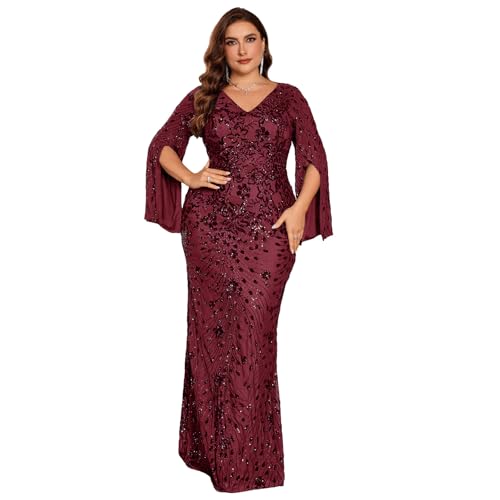 Image of Plus Size Formal Dresses for Women with Embroidery Sequin and Cape Sleeve, V-Neck Maxi Dress for Wedding and Party