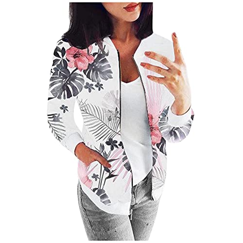 Femmes Zipper Manteau, Femme Veste Motard Blouson Court Zippe a Motifs des Fleurs Rétro Veste Bomber Casual Manteau