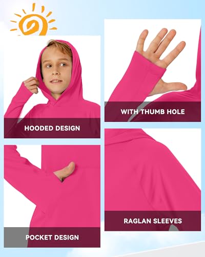 Image of Boys Rash Guard Long Sleeve Hoodie Swim Shirt with Pocket Youth Kids UPF 50+ Sun Protection Fishing Shirts Thumb Hole