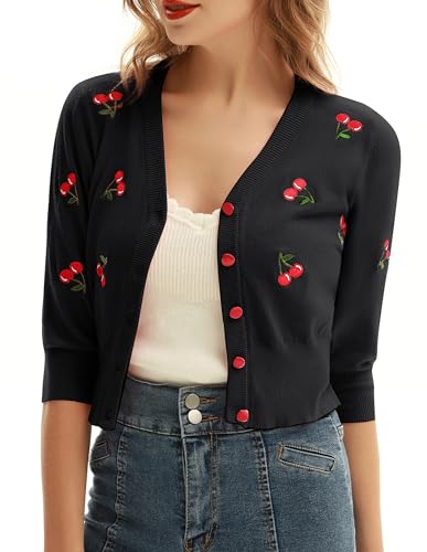 Belle Poque Women's 3/4 Sleeve V-Neck Button Down Cherries Embroidery Cropped Cardigan Sweater Coat2