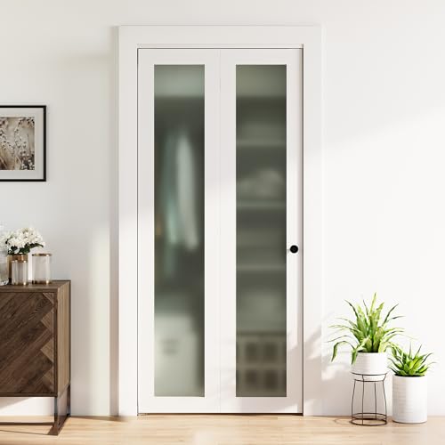 Image of Bifold Doors for 36 inch x 80 inch Opening, 1-lite Tempered Frosted Glass Closet Folding Doors with Hardware kit Included, Water-Proof PVC Surface, Easy Install, White