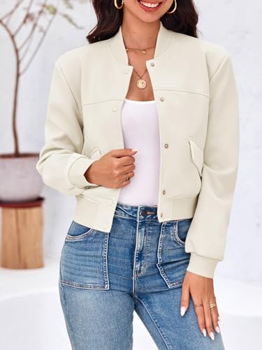 Image of Tankaneo Womens Cropped Bomber Jackets Casual Button Down Long Sleeve Stand Collar Varsity Shacket Coats