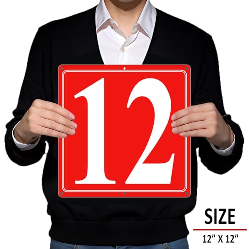 Image of Premium Aluminum Number Signs 12, Metal 12 inch X 12 inch Red Numbered Signs Outdoor for Parking Lots, Floor, Dock, Court, Aisle, Field, High Visibility, No Fade, Weather-resistant