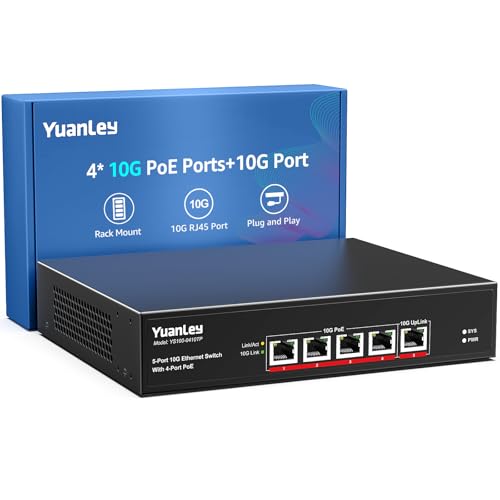 Image of YuanLey 5-Port 10G PoE Switch Unmanaged with 4-Port PoE, 4 x 10G Base-T RJ45 Ports, 1 x UpLink, IEEE802.3af /at, 65W Built-in Power, Compatible with 1G /2.5G /5G /10G, Rackmount 10Gbe Network Switch