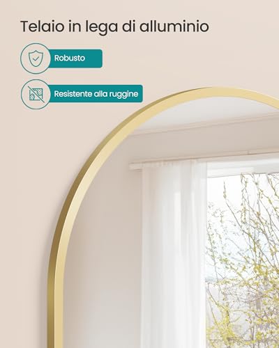 SONGMICS Specchio Bagno, Specchio da Parete, ad Arco, Cornice in Alluminio, 91 x 61 cm, Pellicola di Sicurezza, Facile da Montare, Soggiorno Camera da Letto, Oro Pallido LWM011AB01 - Immagine 3