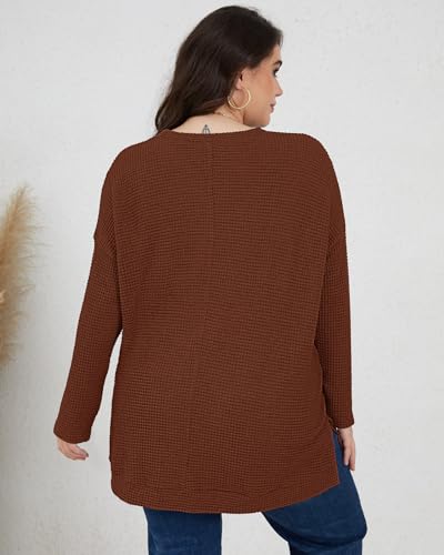 KARALIN Womens Plus Size Tops Fall CrewNeck Waffle Knit Long Sleeve Shirts Side Slits Oversized Sweater Pullover2