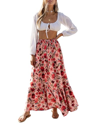Image of ZESICA Women's 2026 Summer Bohemian Floral Printed Elastic Waist A Line Maxi Skirt with Pockets