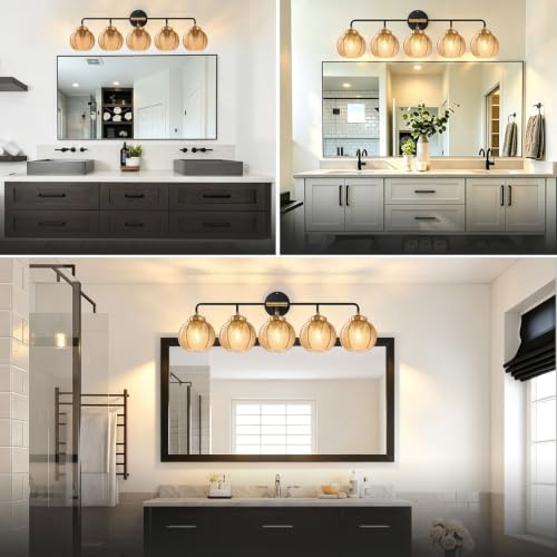 Image of 5 Light Glass Globe Wall Sconces Amber Modern Vanity Light Fixtures