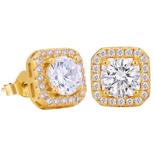 VEXXS Diamond Stud Earrings for Men, S925 Sterling Silver 14K Real Gold Plated Iced Out Earrings Micro Pave 5A CZ Stones Men’s Studs, Hypoallergenic (B-Gold) by VEXXS - Used condition - US$17.62