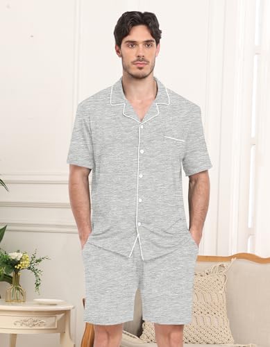 Matching Pajamas for Him Her Short Sleeve Couple Sleepwear Button Down 2 Pcs Pjs Sets Loungewear,Light Grey-S2