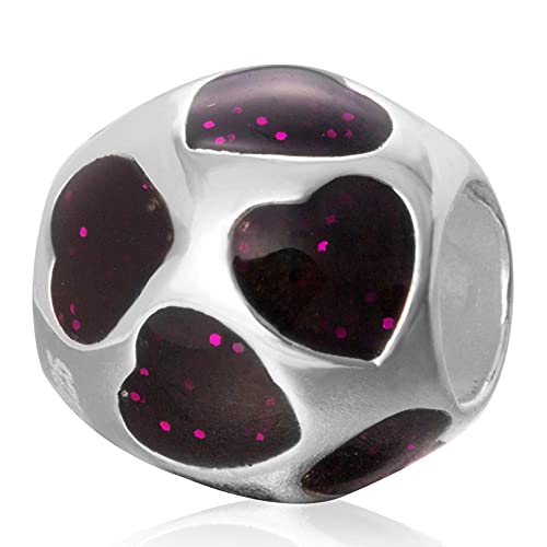 Dark Purple Love Hearts Charms, 925 Sterling Silver Love You Enamel Round Beads, Fits Pandora Women Bracelet Bangle, Gifts For Anniversary/Christmas/Summer Holiday #TOP28