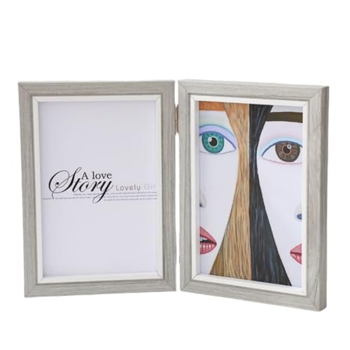 Portafoto Pieghevole in Legno Doppiao,4 * 6 Pollici Portafoto Pieghevole, Cornice Legno 2Foto, Portafoto Doppio Collage(Grigio)