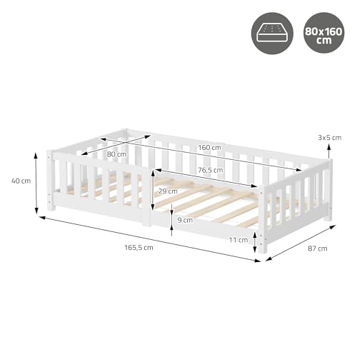 Seconda immagine ML-Design Letto Basso per Bambini e Bambine 80x160 cm, Bianco, in Legno di Pino Massiccio, con Rete a Doghe e Protezione Anticaduta, Giroletto Montessori per Bimbi, Lettino a Terra per Cameretta