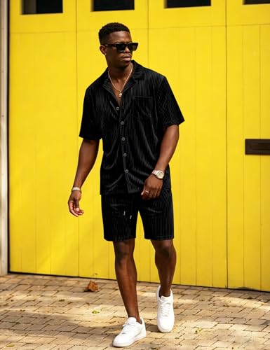 LecGee Men's Button Down Shirt and Shorts Set Velvet Dress Shirt Short Sets Summer Short Sleeve 2 Piece Velour Tracksuit — view 2