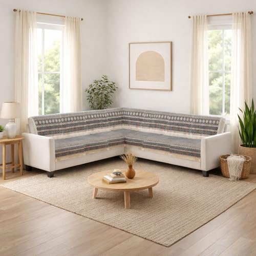 Image of Elegant Woven Grey Sofa Cover - Soft Chenille Traditional Pattern with Lace Style | L-Shape Sectional Seat Protector for Living Room | Durable & Stylish Slipcover 6 Seater L Shape