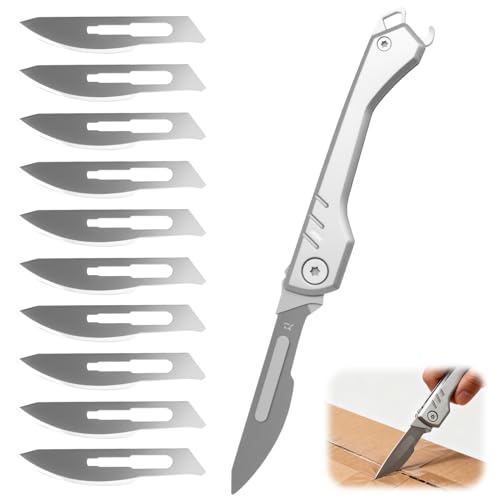 Eddrfy Navaja pequeña plegable, cuchillo de bolsillo compacto con 10 cuchillas de repuesto, navaja llavero de acero inoxidable para camping, bricolaje, cortar cartón y uso diario