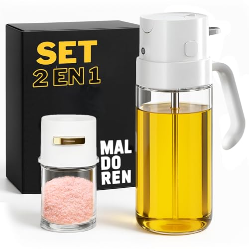 Set Pulverizador de Aceite en Spray (550 ml) más Salero de Vidrio – Aceitera Dispensadora con Spray Pulverizador y Cierre Antigoteo, Set Premium para Freidora de Aire, Parrilla, Cocina y Ensaladas