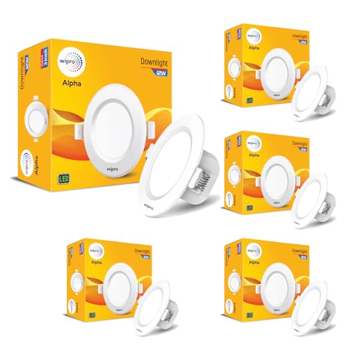 Image of wipro Alpha 12W Round Downlight Junction Box | Neutral White (4000K) | Glare-Free Design |Recessed Down Light for False Ceiling | Cutout - 3 Inch | Pack of 5