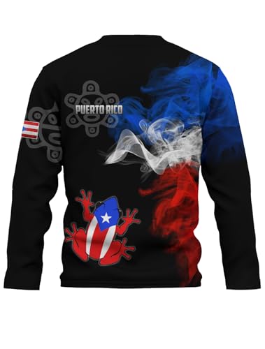 Puerto Rican Flag Long Sleeve T-Shirt for Men 3D Frog Print Shirt Puerto Rican Graphic Casual Round Neck Long Sleeve Top2