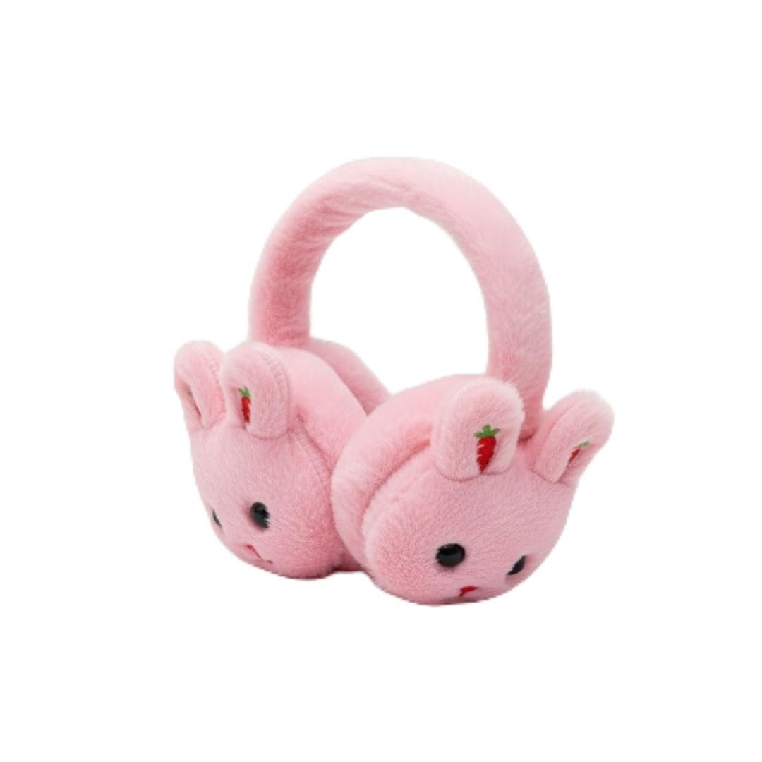 Plush Pink Bunny Ear Warmers with Strawberry Accents, Soft Fuzzy Winter Earmuffs, Cute Animal Design-picture-47