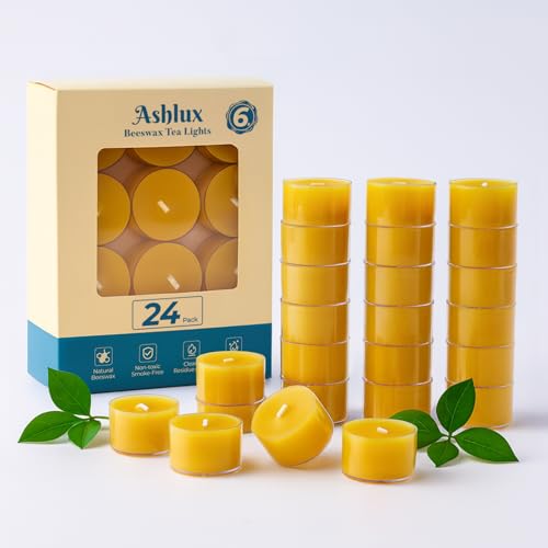 Ashlux Bienenwachskerzen 24 Stück 100% reines Bienenwachs Teelichter 6 Stunden Brenndauer Rauchfrei & Tropffrei Gelb für Hochzeit Party und Zuhause