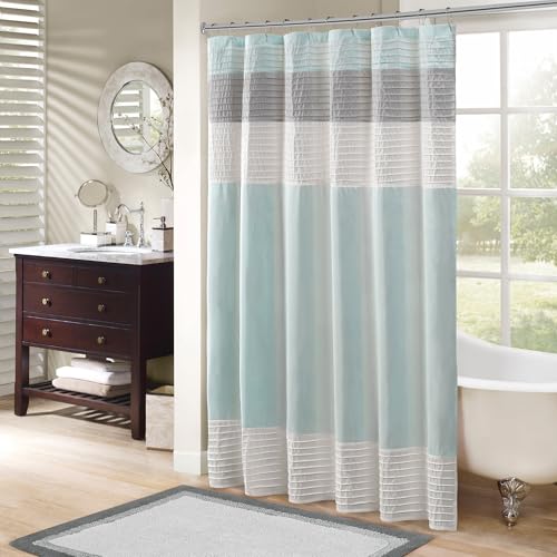 Madison Park Amherst Bathroom Shower Curtain Faux Silk Pieced Striped Modern Microfiber Bath Curtains 72x72 Inches Aqua