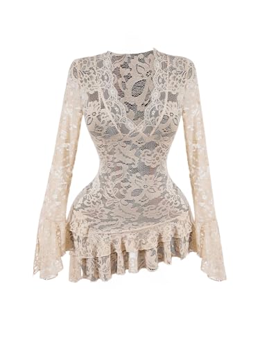 Milumia Women's Lace Ruffle Layer Sheer Mini Dress Deep V Neck Long Sleeve Short Dresses Apricot Small