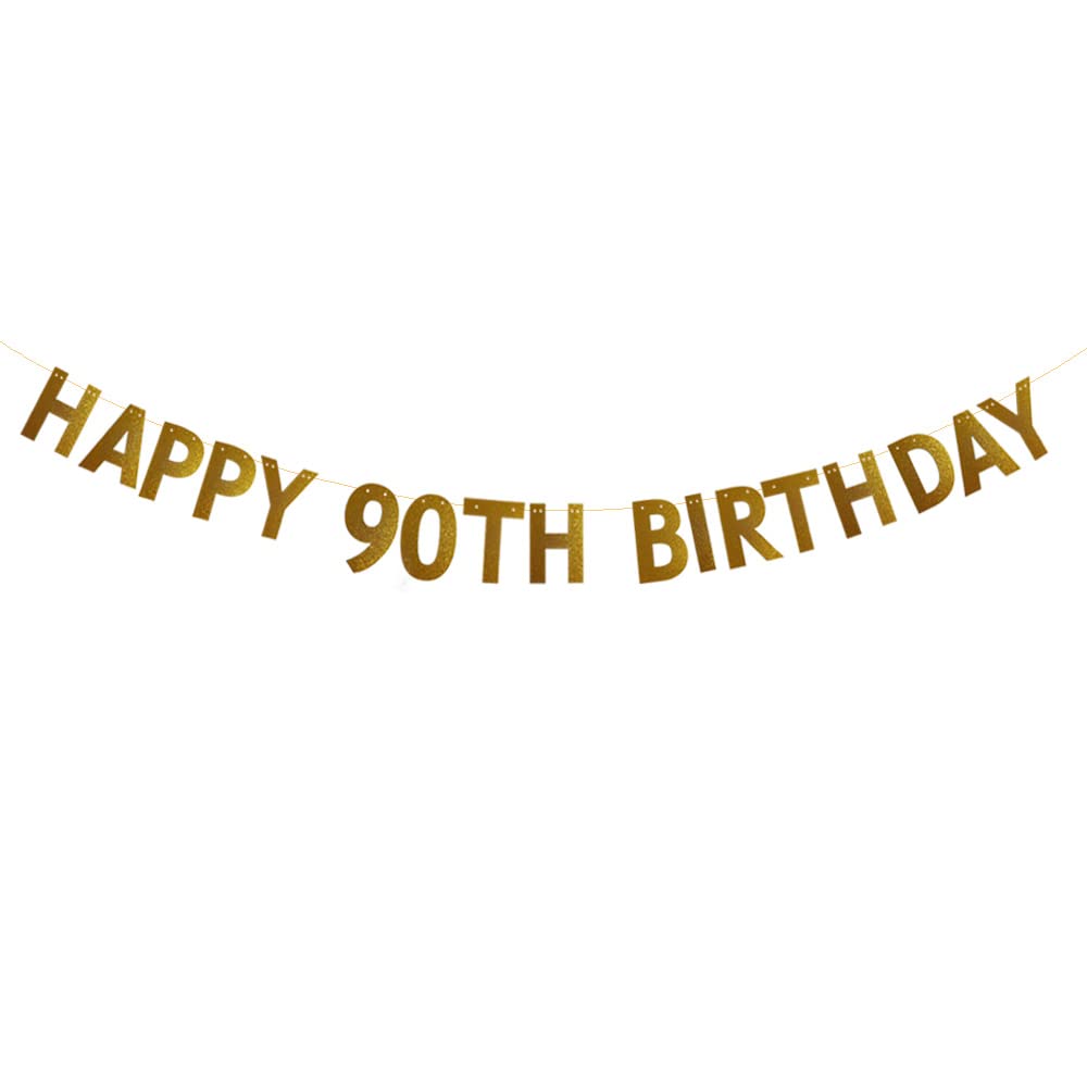 HAPPY 90TH BIRTHDAY Banner，Pre-strung，No Assembly Required，90th Birthday Party Decorations Supplies，Gold Glitter Paper Garlands Backdrops, Letters