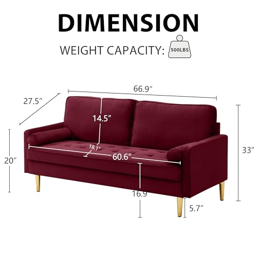 Image of 67 inch Modern Velvet Loveseat Sofa Couch, Mid-Century Tufted Upholstered Small Love Seat Couch with 2 Pillows & 4 Golden Legs, 2-Seats Couches for Compact Space, Living Room, Apartment (Burgundy)