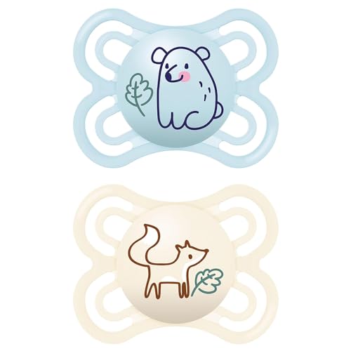 MAM Perfect Schnuller im 2er-Set, für eine gesunde Zahn- und Kieferentwicklung, Baby Schnuller aus nachhaltigen & bio-erneuerbaren Materialien, mit Schnullerbox, 0-6 Monate, Bär/Fuchs