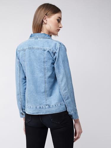 Image of Miss Chase Women's Polo Neck Full Sleeves Patch Pocket Denim Overcoat Knee-Length Jacket
