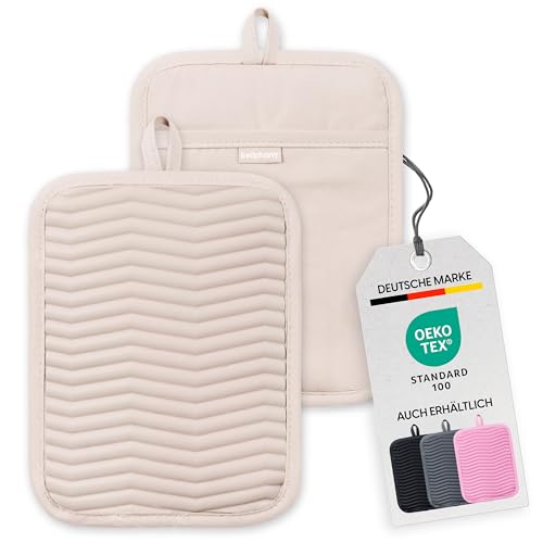 Bellphany 2er Set rutschfeste Silikon Topflappen - Design Topfhalter zum Kochen & Backen, hitzebeständig bis 250°C, Beige Bellphany 2er Set rutschfeste Silikon Topflappen - Design Topfhalter zum Kochen & Backen, hitzebeständig bis 250°C, Beige