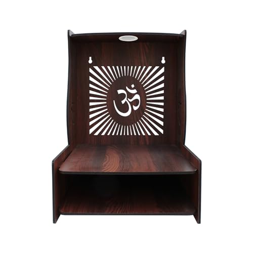 Image of Olive Tree Ethnic Wooden Pooja Mandir for Home Handcrafted Puja Stand | Wall Mounted with LED Spot Light | Mandapam, Pooja Ghar, Temple Office Decor - Walnut Size 12X12X16 Inch 1005