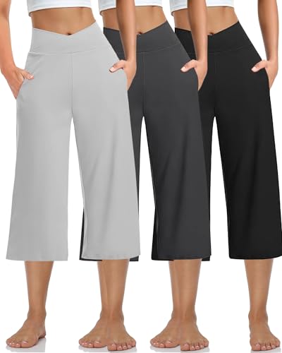Image of Kivdol 3 Pack Womens Wide Leg Yoga Capris Crossover High Waist Casual Capri Pants Loose Soft Pajama Pockets Sweatpants