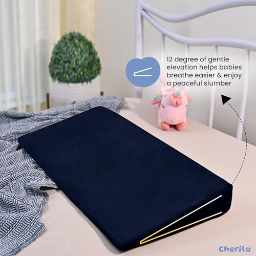 Image of Cherilo Wedge Pillow for Baby Acid Reflux | Full Size Elevated Pillow for Crib & Mattress, 28 inch x 14 inch x 3 inch | Helps Elevate Baby for Comfort | Removable Velvet Cover - Navy Blue