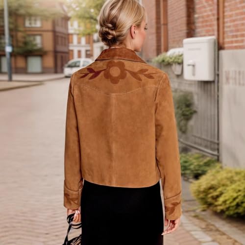 utcoco Women Fashion Floral Patchwork Cropped Faux Suede Leather Jacket 2025 Fall Clothes Button Down Lightweight Coat4