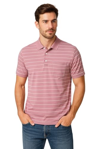Image of WILD ELEPHANT Men Striped Polo T-Shirt | Cotton Short Sleeve Polo Neck with Button | Chest Pocket Casual Wear