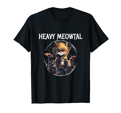 Heavy Metal Cat Tambor Gato Jugando Tambor Meowtal Camiseta