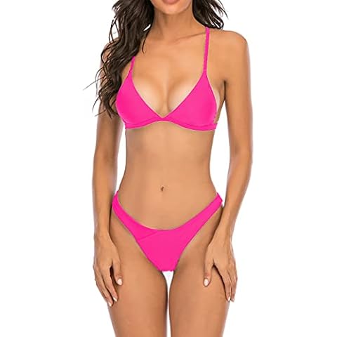 HYTENSUN Women's Strappy Tie Neno Pink Cross Back Bikini Set Sexy Self String Hollow Out Low Rise Two Piece Swimsuits, Hot Pink, Small Cover
