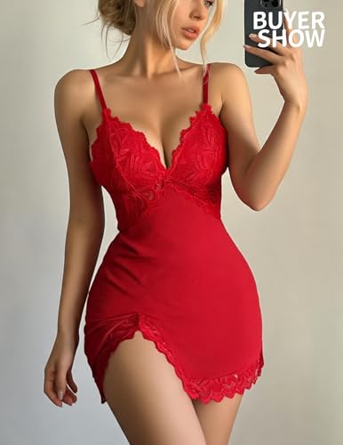 Image of Avidlove Women's Lingerie Lace Nightgown Babydoll Modal Chemise Spaghetti Strap Sleepwear Sexy Slip Side Nightwear
