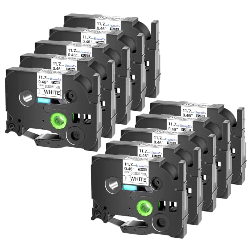 Image of USUPERINK 10PK Compatible for Ptouch HSe-231 HSe231 HS-231 HS231 Black on White 11.7mm 0.46'' Heat Shrink Tubing for Wire Cable for PT300 PT-300B PT310 PT310B PT320 Label Maker Tape
