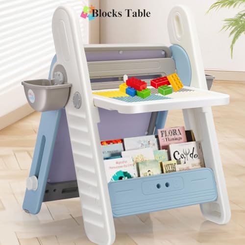 Image of Little Olive Kids Chair and Drawing Board with Easel | 3 in 1 Multipurpose Activity Table Desk Set | Convertible Study Furniture for Toddlers and Preschoolers (Blue)