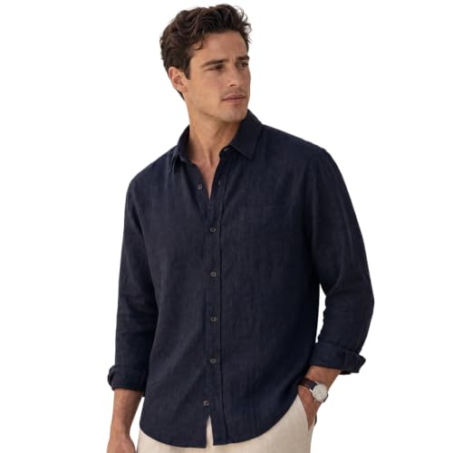 Image of Nobero Breezy Premium Linen Cotton Shirt for Men | Stylish Casual Shirts for Men | Semi Cut Collar | Box Pleat | Curved Hem | Regular Fit | Full Sleeve | S-XXXL