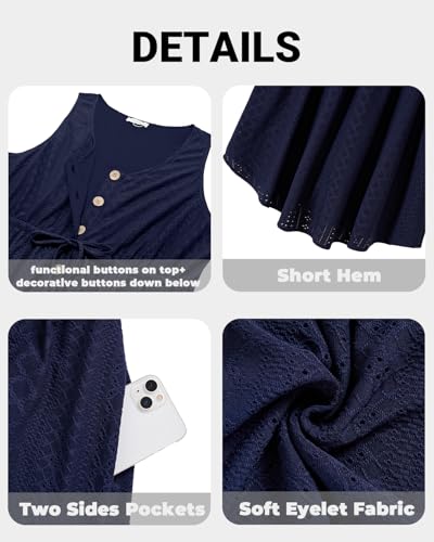 Image of Talisea Plus Size Summer Dresses - Casual Beach Eyelet Sleeveless Tank V Neck Button Down Swing Short Sundress Pockets Women