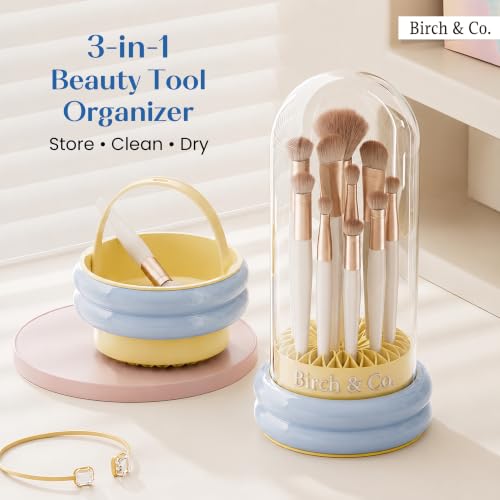 Image of Birch & Co. 4-in-1 Makeup Brush Holder Organizer with Dustproof Lid,Silicon Brush Cleaning Mat & Hanging Drying Rack, Portable Makeup Organisers Case for Sponges, Puffs & Brushes, Blue & Yellow